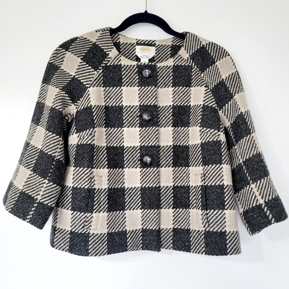 Talbot's Beige and Charcoal Gray Check Wool Blend 3-Button Swing Jacket Size 8P - Picture 1 of 10